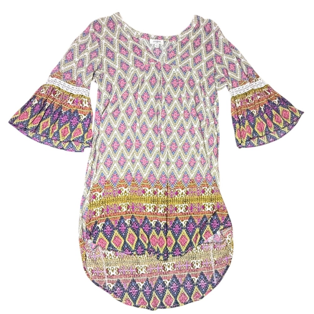 Umgee Bohemian‎ Dress Bell Sleeve Diamond Print Tunic Top Small